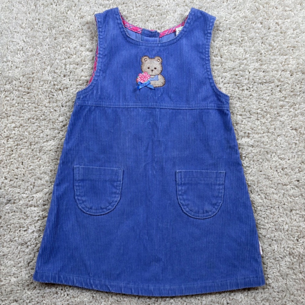Healthtex Kids Blue Corduroy Teddy Bear Jumper Dress‎ Vintage Style Size 4